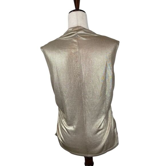 RM by Rebecca Minkoff Women's L Mock Neck Gold Metallic Sleeveless Blouse Ruched - Picture 5 of 9